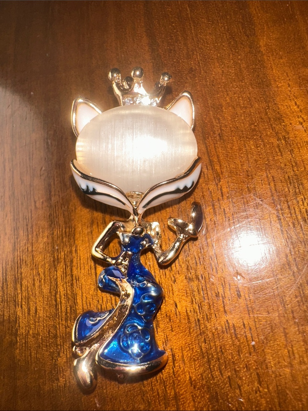 Gold tone Lady Fox or Cat Brooch with Blue Enamel Dress and Pearl-Like Face